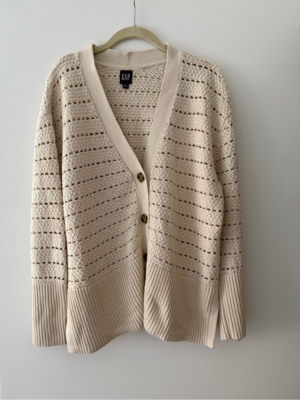 GAP Cream Open-Weave V-Neck Button Cardigan